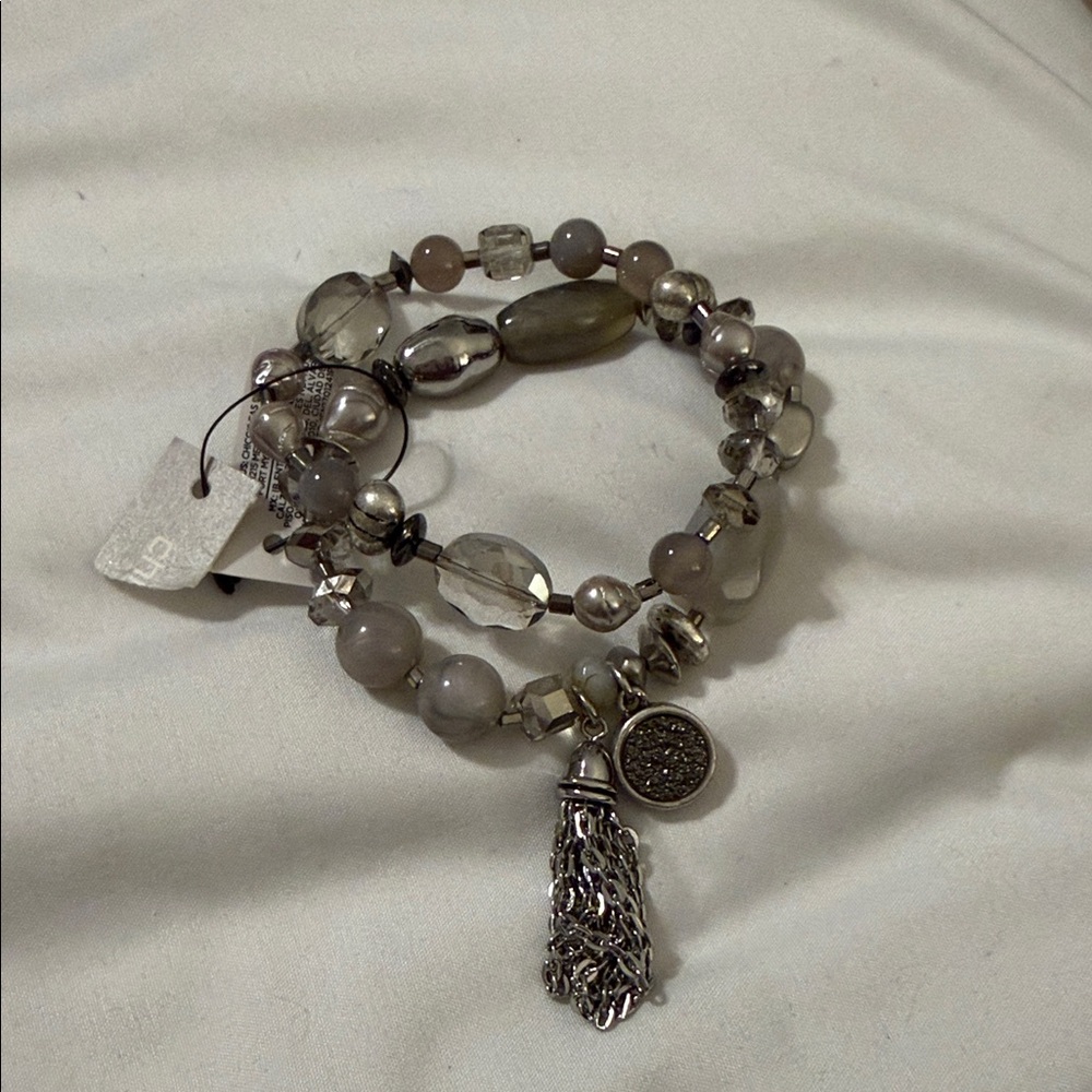 Chico's Elegant Silver and Gray Stretch Bracelet Set